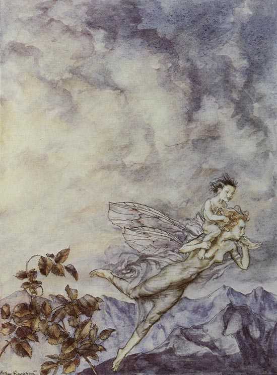 A fairy flew off with the changeling, Arthur Rackham